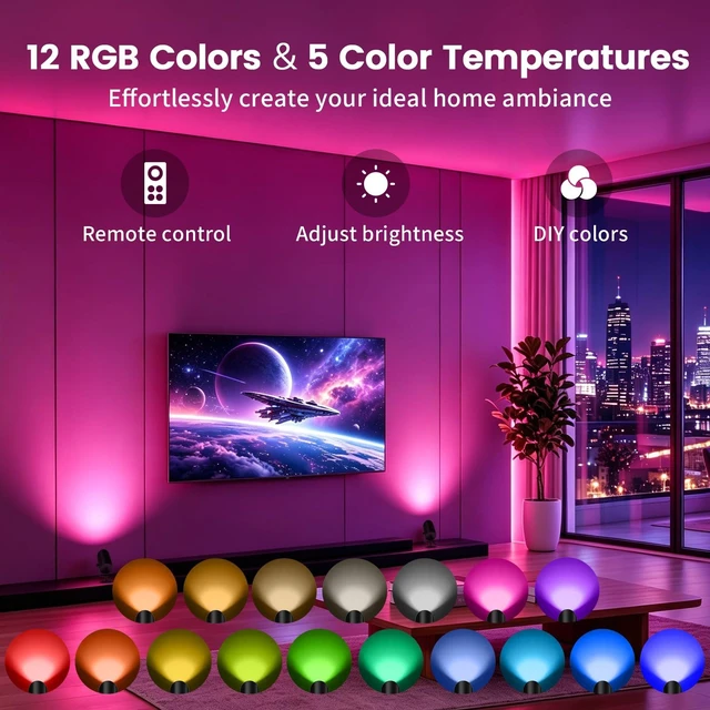 Alt view image 2 of 7 - Uplights Indoor 2 Pack, Floor Can Light with 12 RGB Colors and 5 Color Temperatures, Adjustable Angle, Indoor Uplighting with Remote and Timer, Accent Spotlights for Bedroom Plants Art, Black