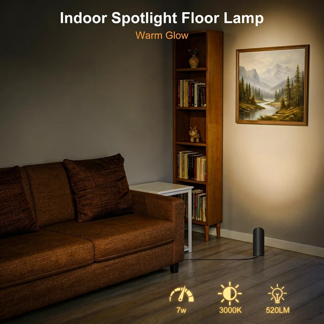 Alt view image 2 of 7 - Uplighting Indoor Floor Can Lights,Spot Lights 7W 3000K GU10 LED Up Lights | 2 Pack Warm Lighting 5.9 FT Plug Cord & Foot Switch,Accent Lighting for Living Room, Dark Corner,Plant and Wall Art,Black
