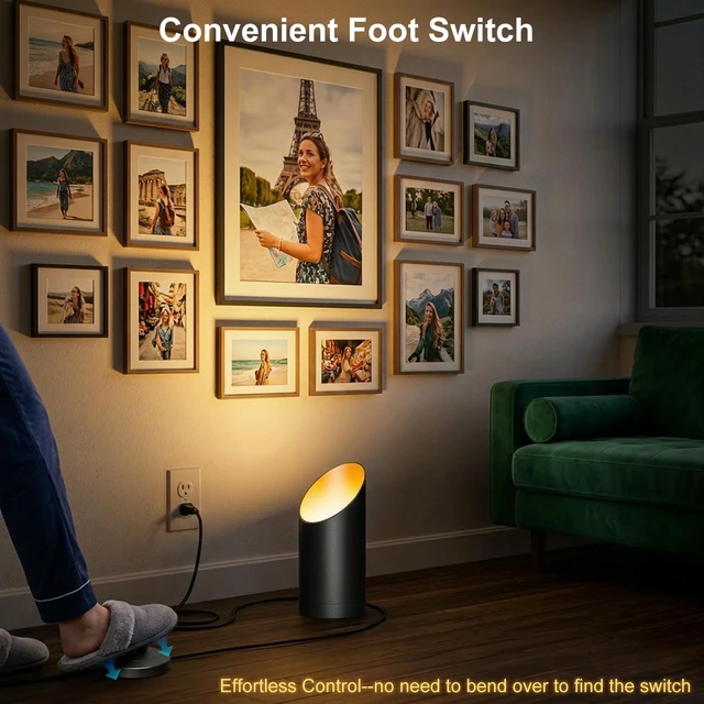 Alt view image 3 of 7 - Uplighting Indoor Floor Can Lights,Spot Lights 7W 3000K GU10 LED Up Lights | 2 Pack Warm Lighting 5.9 FT Plug Cord & Foot Switch,Accent Lighting for Living Room, Dark Corner,Plant and Wall Art,Black
