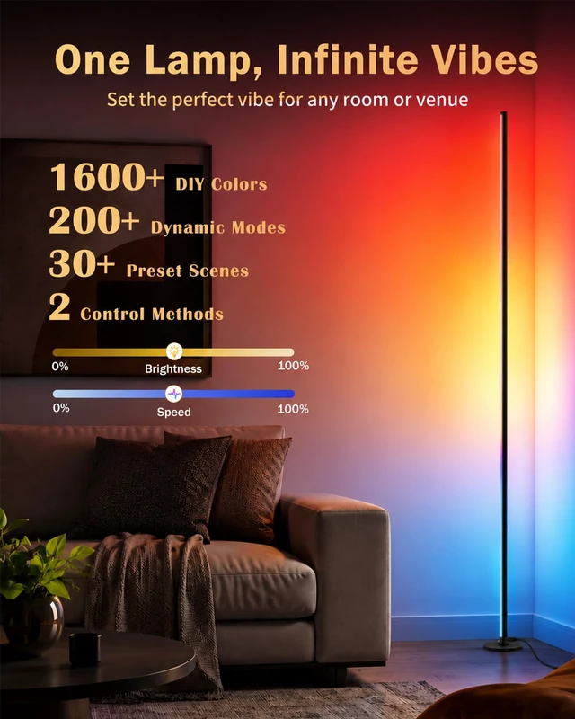 Alt view image 2 of 7 - 63" H RGB Floor Lamp, Smart Led Corner Lamp with Music Sync | 16M+ Colors,App&Remote Control,Dynamic Modes,Timer,Built-in mic,Adjustable Height,Tool-free setup,Ambient Lighting