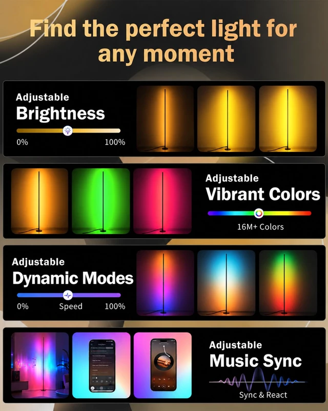 Alt view image 3 of 7 - 63" H RGB Floor Lamp, Smart Led Corner Lamp with Music Sync | 16M+ Colors,App&Remote Control,Dynamic Modes,Timer,Built-in mic,Adjustable Height,Tool-free setup,Ambient Lighting