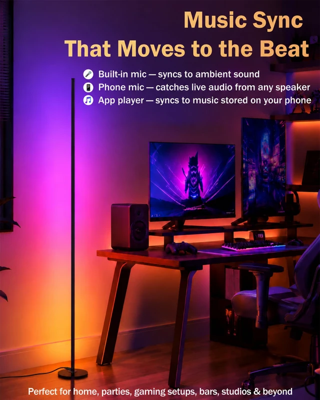 Alt view image 4 of 7 - 63" H RGB Floor Lamp, Smart Led Corner Lamp with Music Sync | 16M+ Colors,App&Remote Control,Dynamic Modes,Timer,Built-in mic,Adjustable Height,Tool-free setup,Ambient Lighting