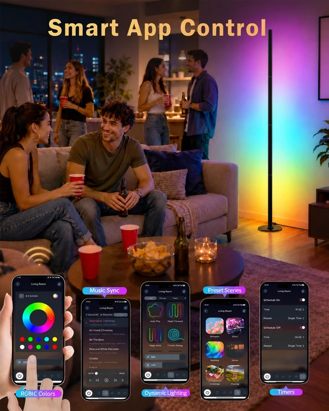 Alt view image 5 of 7 - 63" H RGB Floor Lamp, Smart Led Corner Lamp with Music Sync | 16M+ Colors,App&Remote Control,Dynamic Modes,Timer,Built-in mic,Adjustable Height,Tool-free setup,Ambient Lighting