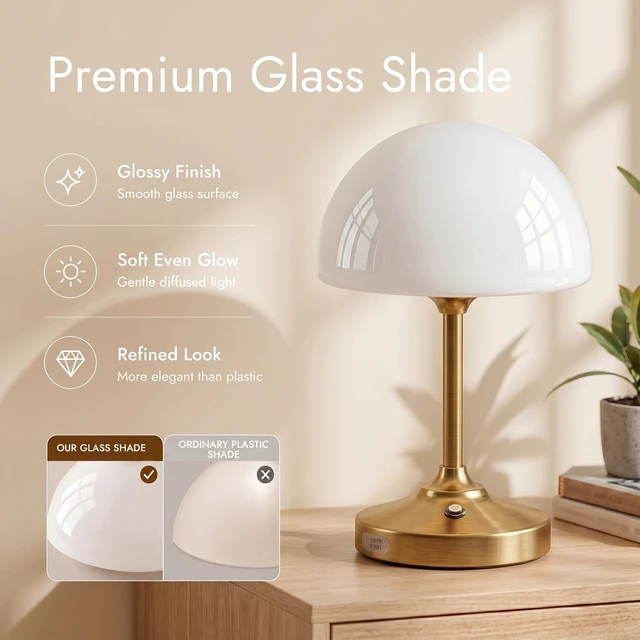 Alt view image 3 of 7 - Table Lamp Cordless Lamp,5000mAh Rechargeble Battery Operated Lamp | 11.02" Small Bedside Desk Lamps for Living Room Bedroom Decor,3-Way Dimmable Portable Table Lamps with Glass Shade-Gold