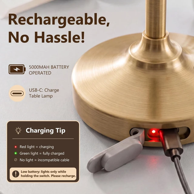 Alt view image 6 of 7 - Table Lamp Cordless Lamp,5000mAh Rechargeble Battery Operated Lamp | 11.02" Small Bedside Desk Lamps for Living Room Bedroom Decor,3-Way Dimmable Portable Table Lamps with Glass Shade-Gold