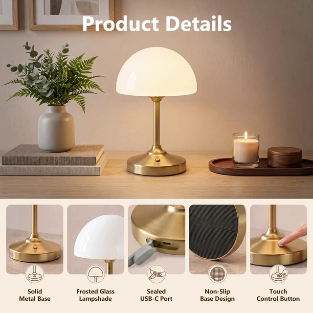 Alt view image 7 of 7 - Table Lamp Cordless Lamp,5000mAh Rechargeble Battery Operated Lamp | 11.02" Small Bedside Desk Lamps for Living Room Bedroom Decor,3-Way Dimmable Portable Table Lamps with Glass Shade-Gold