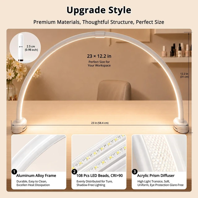 Alt view image 4 of 7 - Arc Half Moon Light: 23" Nail Desk Lamp with Foldable Bracket | No Flicker & Shadow-Free Half Moon Lamp for Salon Table Use - Stepless Brightness for Manicurist DIY Nail Tech