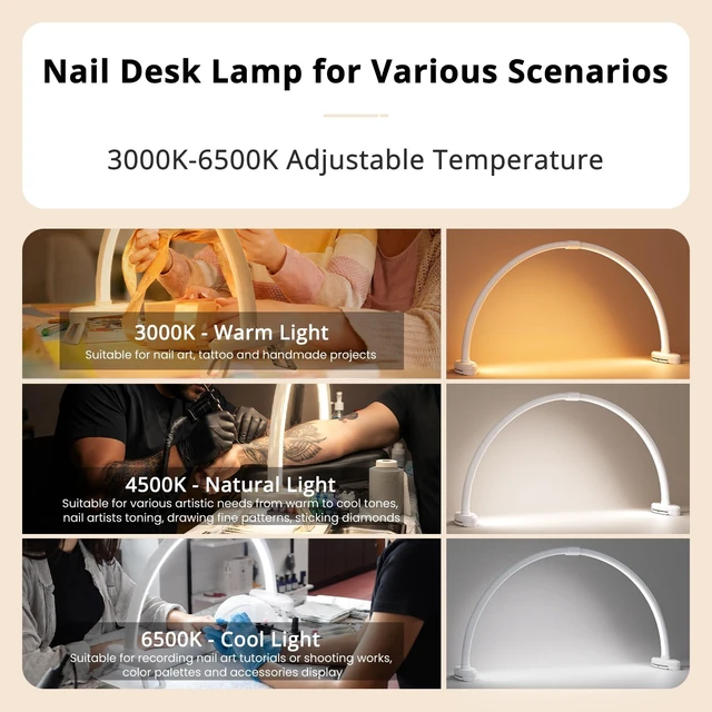 Alt view image 6 of 7 - Arc Half Moon Light: 23" Nail Desk Lamp with Foldable Bracket | No Flicker & Shadow-Free Half Moon Lamp for Salon Table Use - Stepless Brightness for Manicurist DIY Nail Tech