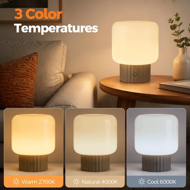 Alt view image 3 of 7 - Mushroom Lamp, Cordless Rechargeable Table Lamp with Glass Shade, 3 Color Temperatures & Stepless Dimming, 5200mAh, Touch Control Bedside Lamps for Living Room, Bedroom, 1 Pack (Brown)