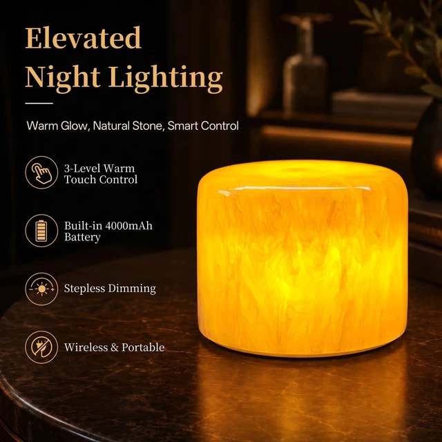 Alt view image 4 of 7 - Natural Marble Cordless Touch Rechargeable Table Lamp Night Light | 4000mAh Battery, 3-level Dimmable 3000K Warm Light, Portable ambient Lamp For Bedroom, Dining, Patio & Home Decor Gift