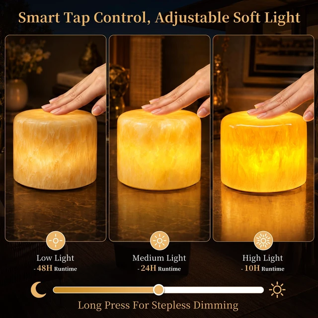 Alt view image 6 of 7 - Natural Marble Cordless Touch Rechargeable Table Lamp Night Light | 4000mAh Battery, 3-level Dimmable 3000K Warm Light, Portable ambient Lamp For Bedroom, Dining, Patio & Home Decor Gift