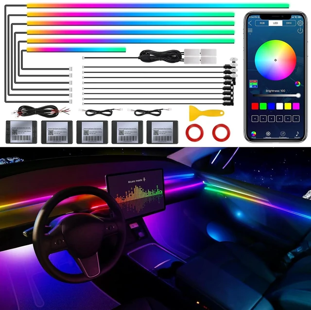 Main image of Acrylic Interior Car LED Strip Light with Wireless APP, RGB 18 in 1 with 175 inches 593 LEDs Fiber Optic Strip Lights for Car, Dynamic Chasing Music Sync Neon Car Ambient Lighting Kits