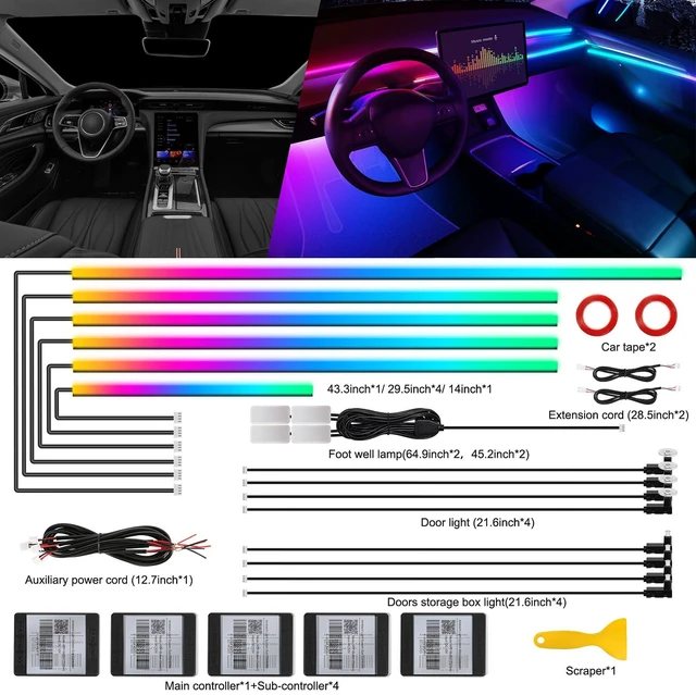 Alt view image 2 of 7 - Acrylic Interior Car LED Strip Light with Wireless APP, RGB 18 in 1 with 175 inches 593 LEDs Fiber Optic Strip Lights for Car, Dynamic Chasing Music Sync Neon Car Ambient Lighting Kits