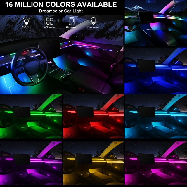 Alt view image 3 of 7 - Acrylic Interior Car LED Strip Light with Wireless APP, RGB 18 in 1 with 175 inches 593 LEDs Fiber Optic Strip Lights for Car, Dynamic Chasing Music Sync Neon Car Ambient Lighting Kits