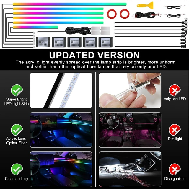 Alt view image 5 of 7 - Acrylic Interior Car LED Strip Light with Wireless APP, RGB 18 in 1 with 175 inches 593 LEDs Fiber Optic Strip Lights for Car, Dynamic Chasing Music Sync Neon Car Ambient Lighting Kits