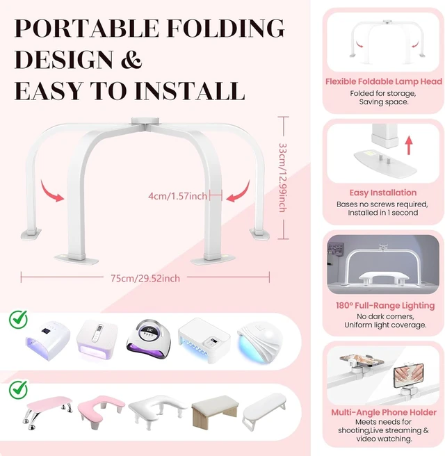 Alt view image 6 of 7 - Half Moon Light for Nail Desk: 180 ° Shadow-Free Arc Light For Manicurist | 29" Foldable Half Moon Desk Lamp With Phone Holder - 3 Color Mode & 10 Brightness - Provide a Bright Work Area For Nail Tech