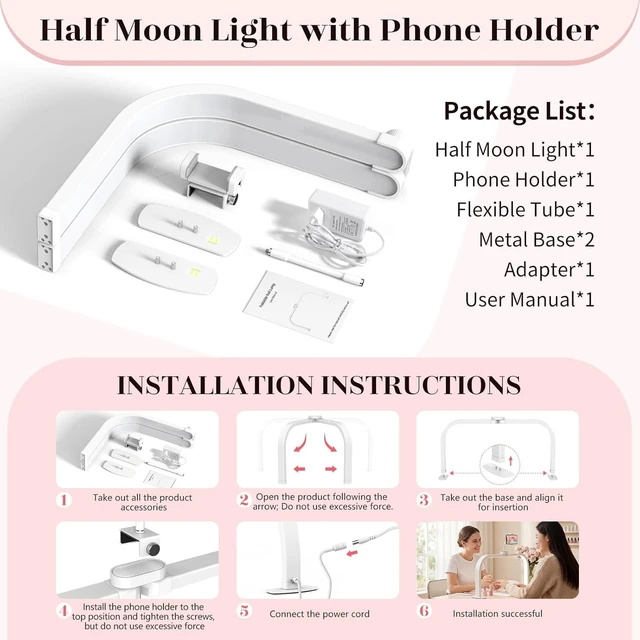 Alt view image 7 of 7 - Half Moon Light for Nail Desk: 180 ° Shadow-Free Arc Light For Manicurist | 29" Foldable Half Moon Desk Lamp With Phone Holder - 3 Color Mode & 10 Brightness - Provide a Bright Work Area For Nail Tech