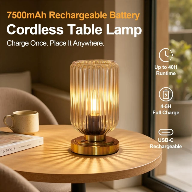 Alt view image 2 of 7 - Cordless Table Lamp for Bedroom, Touch Stepless Dimmable, Modern | 7500mAh Rechargeable Battery, Amber Glass Shade, Brushed Gold Base, Bulb Included, Wireless Lamp for Desk, Living Room