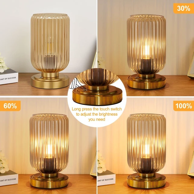 Alt view image 3 of 7 - Cordless Table Lamp for Bedroom, Touch Stepless Dimmable, Modern | 7500mAh Rechargeable Battery, Amber Glass Shade, Brushed Gold Base, Bulb Included, Wireless Lamp for Desk, Living Room