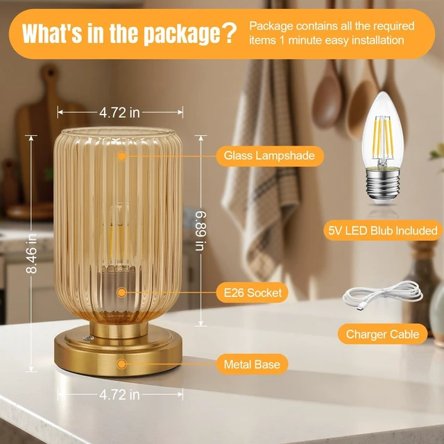 Alt view image 5 of 7 - Cordless Table Lamp for Bedroom, Touch Stepless Dimmable, Modern | 7500mAh Rechargeable Battery, Amber Glass Shade, Brushed Gold Base, Bulb Included, Wireless Lamp for Desk, Living Room