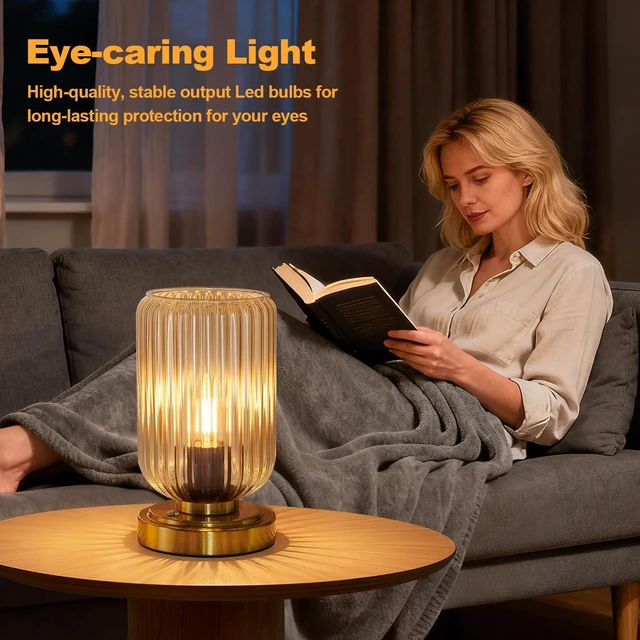 Alt view image 4 of 7 - Cordless Table Lamp for Bedroom, Touch Stepless Dimmable, Modern | 7500mAh Rechargeable Battery, Amber Glass Shade, Brushed Gold Base, Bulb Included, Wireless Lamp for Desk, Living Room
