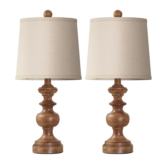 Alt view image 2 of 7 - Farmhouse Table Lamp Set of 2, Rustic Table Lamps for Living Room Bedroom, 22" Mid Century Modern Desk Lamp Bedside Nightstand Lamps with Linen Tapered Drum Shades, Wood Grain