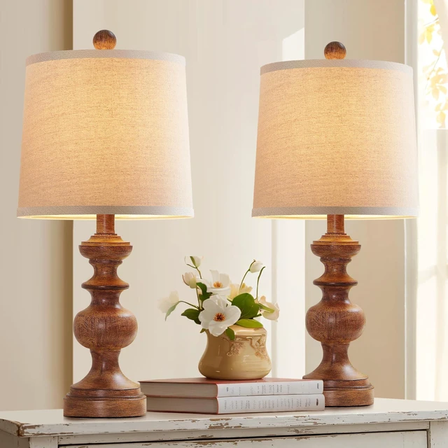 Main image of Farmhouse Table Lamp Set of 2, Rustic Table Lamps for Living Room Bedroom, 22" Mid Century Modern Desk Lamp Bedside Nightstand Lamps with Linen Tapered Drum Shades, Wood Grain