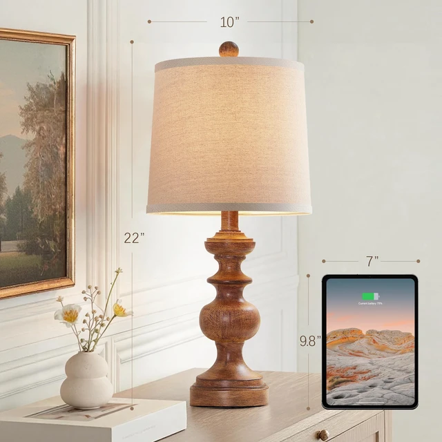 Alt view image 3 of 7 - Farmhouse Table Lamp Set of 2, Rustic Table Lamps for Living Room Bedroom, 22" Mid Century Modern Desk Lamp Bedside Nightstand Lamps with Linen Tapered Drum Shades, Wood Grain