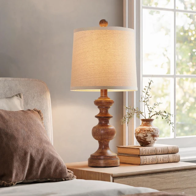 Alt view image 5 of 7 - Farmhouse Table Lamp Set of 2, Rustic Table Lamps for Living Room Bedroom, 22" Mid Century Modern Desk Lamp Bedside Nightstand Lamps with Linen Tapered Drum Shades, Wood Grain