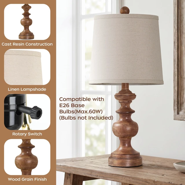 Alt view image 4 of 7 - Farmhouse Table Lamp Set of 2, Rustic Table Lamps for Living Room Bedroom, 22" Mid Century Modern Desk Lamp Bedside Nightstand Lamps with Linen Tapered Drum Shades, Wood Grain