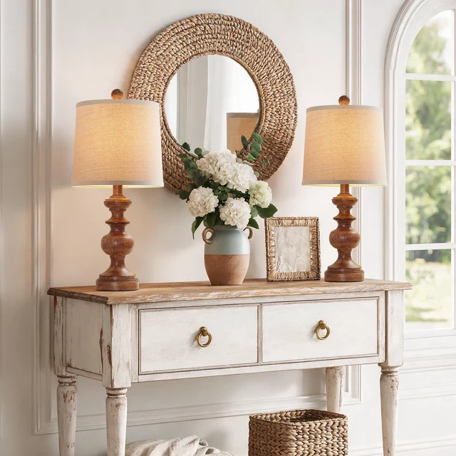Alt view image 6 of 7 - Farmhouse Table Lamp Set of 2, Rustic Table Lamps for Living Room Bedroom, 22" Mid Century Modern Desk Lamp Bedside Nightstand Lamps with Linen Tapered Drum Shades, Wood Grain