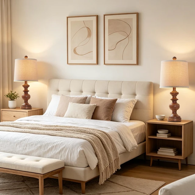Alt view image 7 of 7 - Farmhouse Table Lamp Set of 2, Rustic Table Lamps for Living Room Bedroom, 22" Mid Century Modern Desk Lamp Bedside Nightstand Lamps with Linen Tapered Drum Shades, Wood Grain