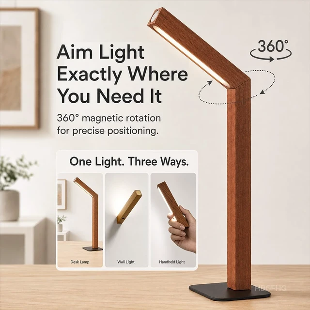 Alt view image 3 of 7 - Wooden Desk Lamp Magnetic Wall Mount Rechargeable Home Office-Sapele | 360 Rotatable cordless night light ,Touch dimming,USB-C. Minimalist style for reading, bedside,artwork,working,ambiance