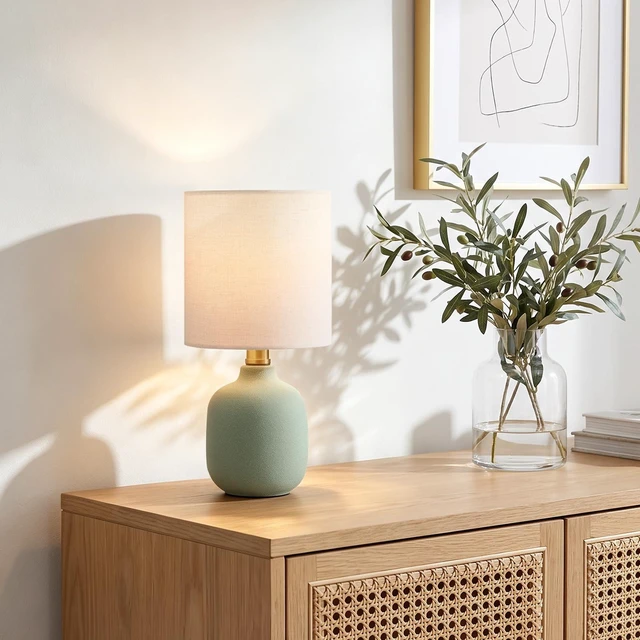 Main image of 12" Modern Ceramic Table Lamp for Bedroom Small Desk Lamps Green | Light Beige Shade | E26 | Minimalist Design | Easy Assembly | Compact Size Bedside Lamp for Bedroom, Dorm, Desk & Nightstand