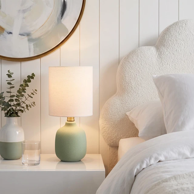Alt view image 3 of 7 - 12" Modern Ceramic Table Lamp for Bedroom Small Desk Lamps Green | Light Beige Shade | E26 | Minimalist Design | Easy Assembly | Compact Size Bedside Lamp for Bedroom, Dorm, Desk & Nightstand