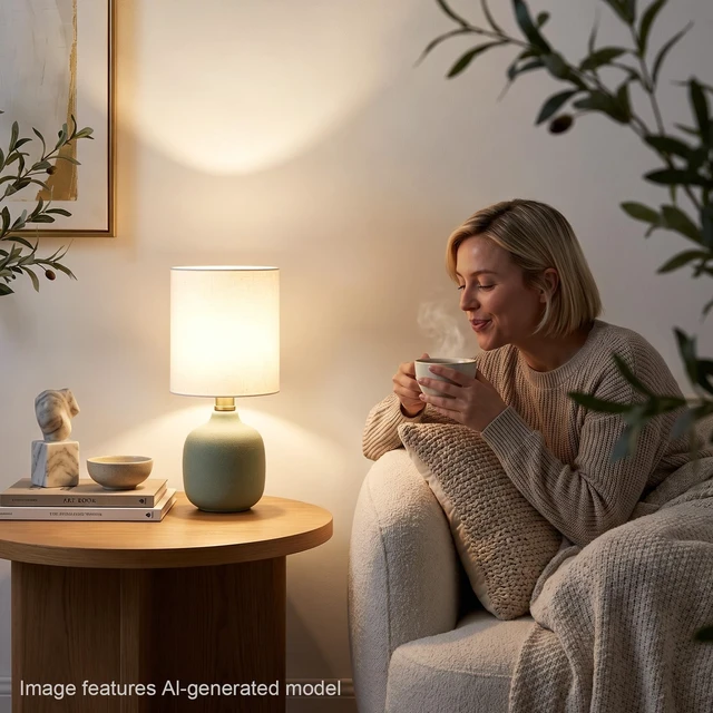 Alt view image 2 of 7 - 12" Modern Ceramic Table Lamp for Bedroom Small Desk Lamps Green | Light Beige Shade | E26 | Minimalist Design | Easy Assembly | Compact Size Bedside Lamp for Bedroom, Dorm, Desk & Nightstand