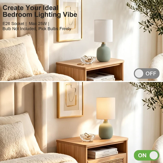 Alt view image 6 of 7 - 12" Modern Ceramic Table Lamp for Bedroom Small Desk Lamps Green | Light Beige Shade | E26 | Minimalist Design | Easy Assembly | Compact Size Bedside Lamp for Bedroom, Dorm, Desk & Nightstand