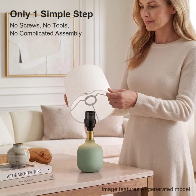 Alt view image 5 of 7 - 12" Modern Ceramic Table Lamp for Bedroom Small Desk Lamps Green | Light Beige Shade | E26 | Minimalist Design | Easy Assembly | Compact Size Bedside Lamp for Bedroom, Dorm, Desk & Nightstand