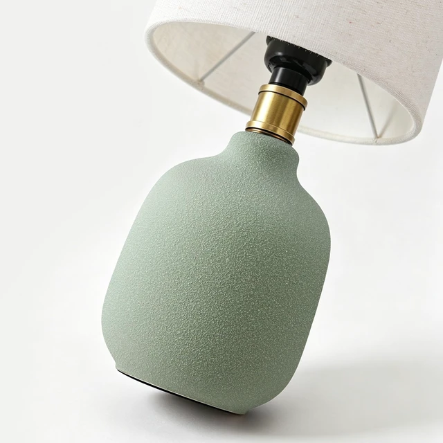 Alt view image 7 of 7 - 12" Modern Ceramic Table Lamp for Bedroom Small Desk Lamps Green | Light Beige Shade | E26 | Minimalist Design | Easy Assembly | Compact Size Bedside Lamp for Bedroom, Dorm, Desk & Nightstand