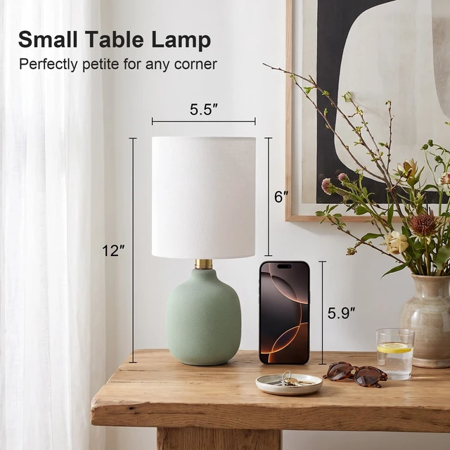 Alt view image 4 of 7 - 12" Modern Ceramic Table Lamp for Bedroom Small Desk Lamps Green | Light Beige Shade | E26 | Minimalist Design | Easy Assembly | Compact Size Bedside Lamp for Bedroom, Dorm, Desk & Nightstand