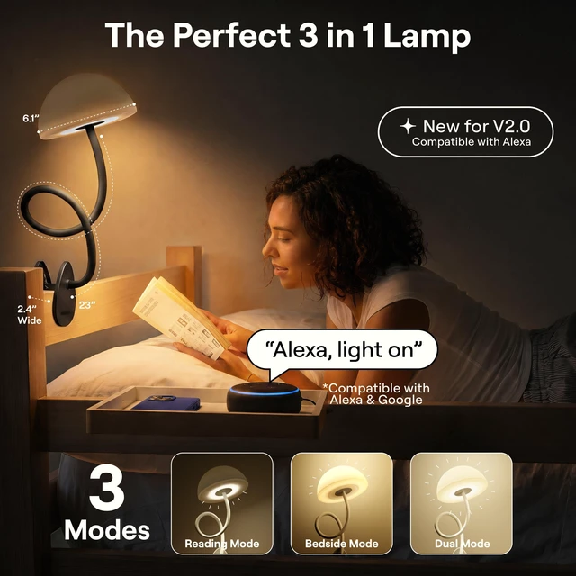 Alt view image 2 of 6 - Shroommate Clip On Light for Dorm Room - 2.0 (Black) | Bed Headboard Lamp, Bedside Table Lamp Dorm, College Dorm Room Essentials, Night Light Kids Nursery, MultiColor LEDs