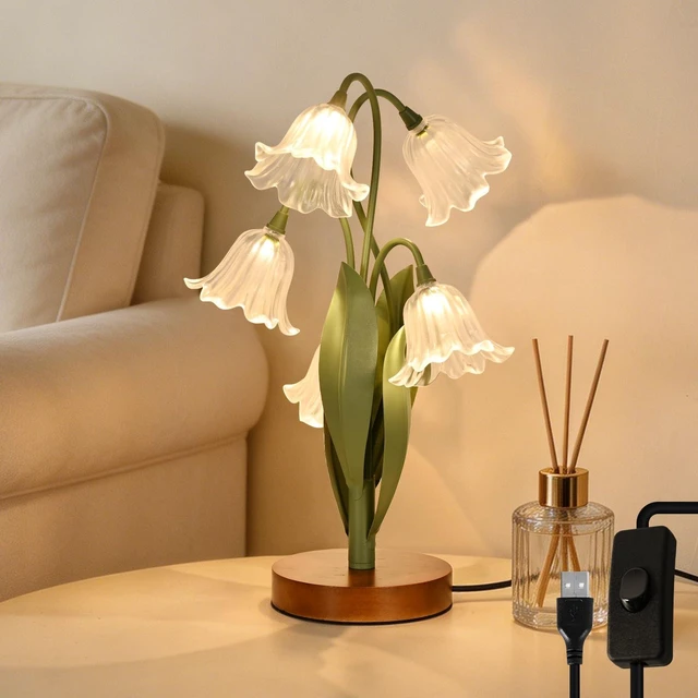 Main image of Flower Table Lamp for Bedroom, LED Cute Reading Light | 5 Wind Chime Grass Flower of The Valley Desk Lamp Bedside Lamps for Nightstands Home Decor,Soft Night Light for Bedroom,White