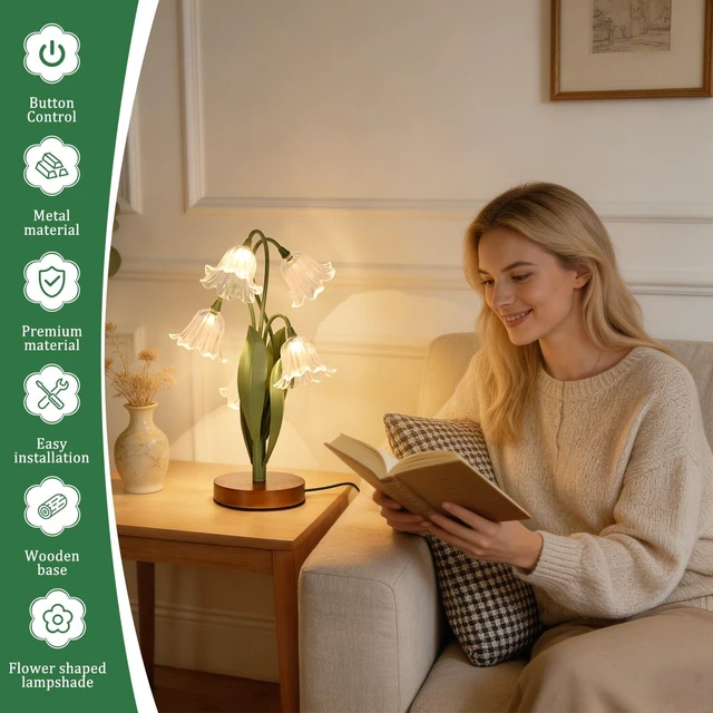 Alt view image 2 of 7 - Flower Table Lamp for Bedroom, LED Cute Reading Light | 5 Wind Chime Grass Flower of The Valley Desk Lamp Bedside Lamps for Nightstands Home Decor,Soft Night Light for Bedroom,White
