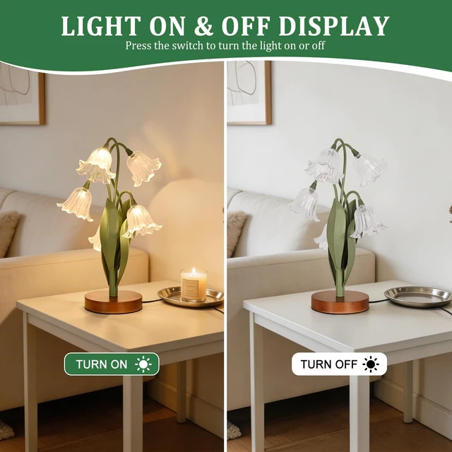 Alt view image 3 of 7 - Flower Table Lamp for Bedroom, LED Cute Reading Light | 5 Wind Chime Grass Flower of The Valley Desk Lamp Bedside Lamps for Nightstands Home Decor,Soft Night Light for Bedroom,White