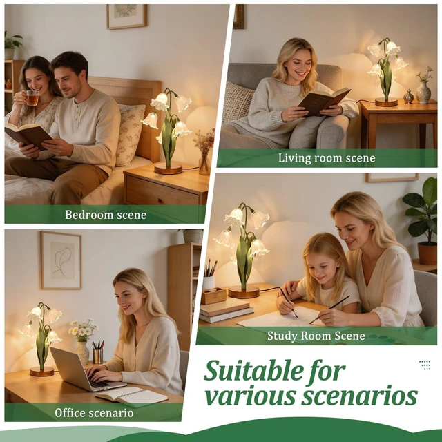 Alt view image 4 of 7 - Flower Table Lamp for Bedroom, LED Cute Reading Light | 5 Wind Chime Grass Flower of The Valley Desk Lamp Bedside Lamps for Nightstands Home Decor,Soft Night Light for Bedroom,White