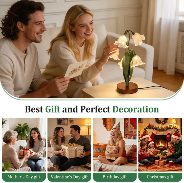 Alt view image 5 of 7 - Flower Table Lamp for Bedroom, LED Cute Reading Light | 5 Wind Chime Grass Flower of The Valley Desk Lamp Bedside Lamps for Nightstands Home Decor,Soft Night Light for Bedroom,White