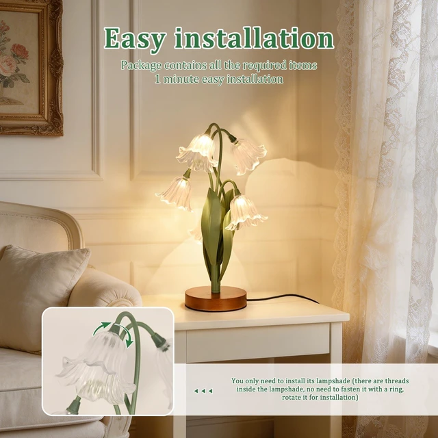 Alt view image 6 of 7 - Flower Table Lamp for Bedroom, LED Cute Reading Light | 5 Wind Chime Grass Flower of The Valley Desk Lamp Bedside Lamps for Nightstands Home Decor,Soft Night Light for Bedroom,White