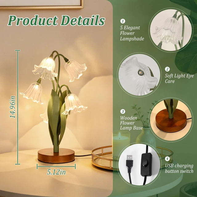 Alt view image 7 of 7 - Flower Table Lamp for Bedroom, LED Cute Reading Light | 5 Wind Chime Grass Flower of The Valley Desk Lamp Bedside Lamps for Nightstands Home Decor,Soft Night Light for Bedroom,White