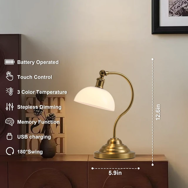 Alt view image 2 of 7 - Cordless Table Lamp, Battery Operated Vintage Desk Light, Brass & White | Rechargeable Small Lamp, Plastic Shade, Swing Arm, 3CCT, Stepless Dimming, for Bedroom Bedside Living Room