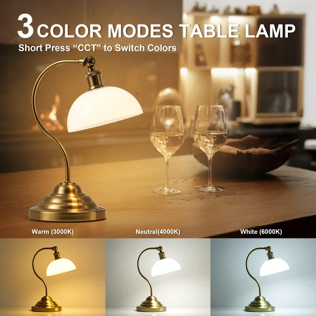 Alt view image 3 of 7 - Cordless Table Lamp, Battery Operated Vintage Desk Light, Brass & White | Rechargeable Small Lamp, Plastic Shade, Swing Arm, 3CCT, Stepless Dimming, for Bedroom Bedside Living Room